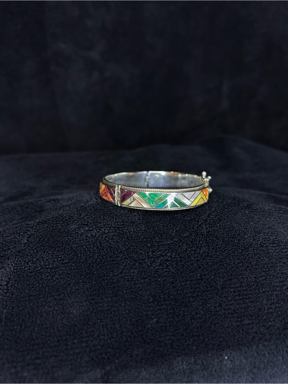 Sterling Silver Multi-Color Inlay Bangle Bracelet - Picture 4 of 8